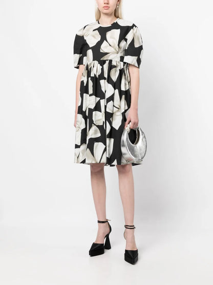 Bow-Print Cotton Flared Dress