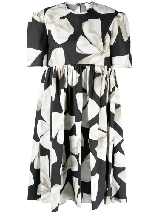 Bow-Print Cotton Flared Dress