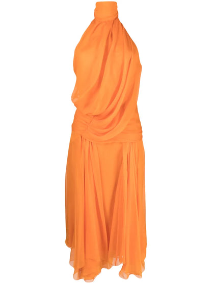 Halterneck Draped Silk-Chiffon Midi Dress