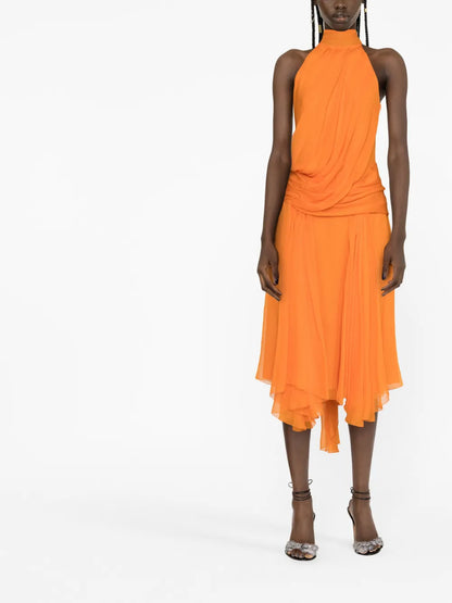 Halterneck Draped Silk-Chiffon Midi Dress