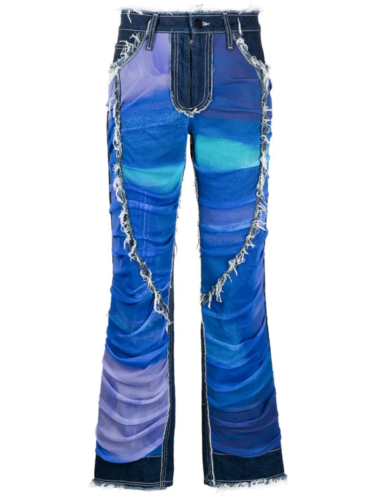 Tulle-Panels Straight-Leg Jeans