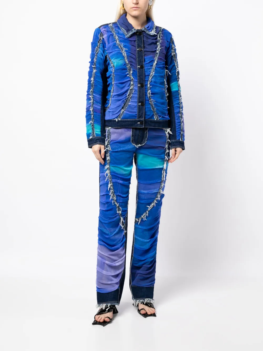 Ruched Frayed Denim Jacket