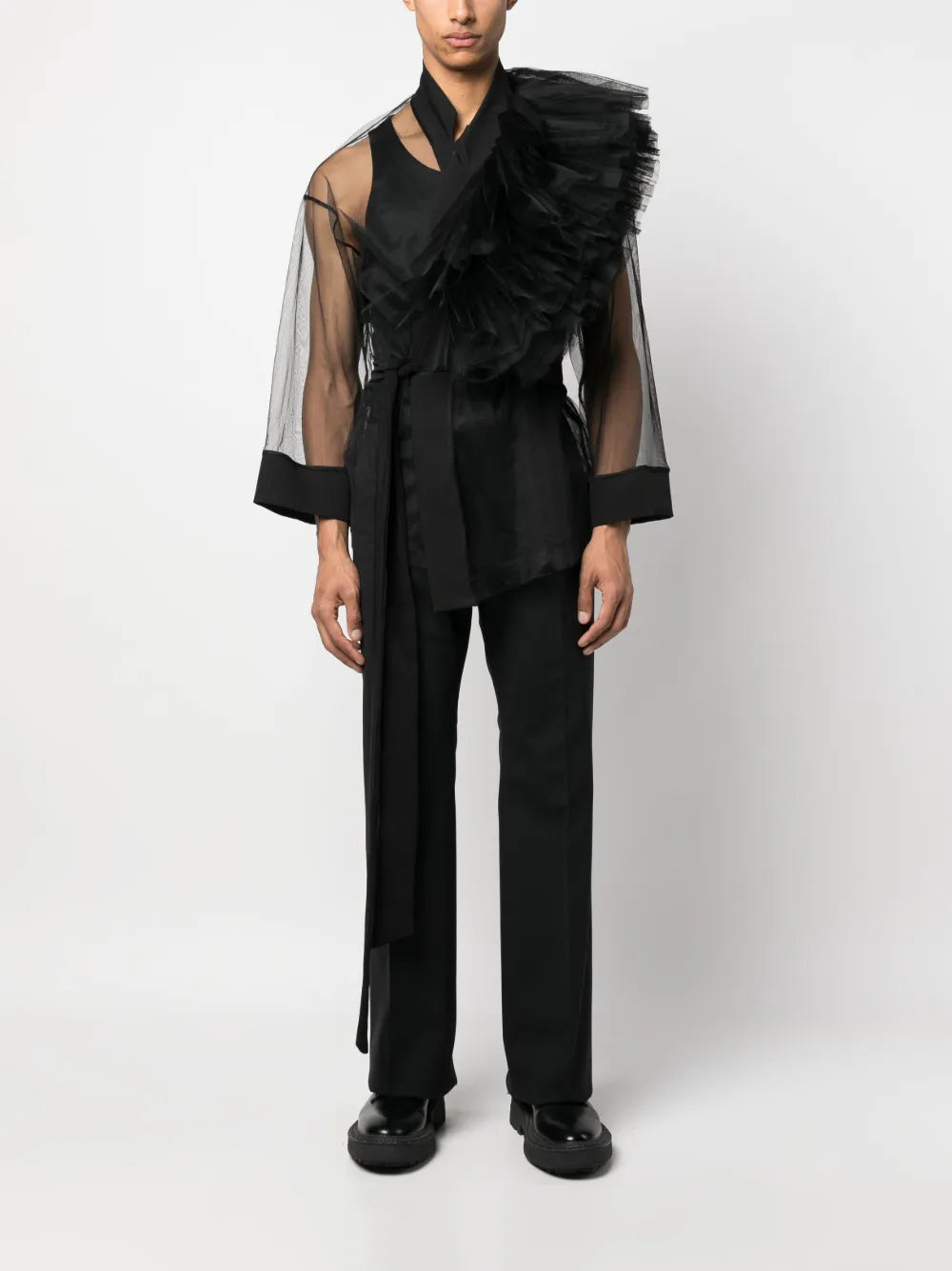 Tulle-Inserts Belted Jacket
