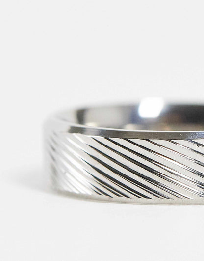 Waterproof Stainless Steel Band Ring With Horizontal Emboss