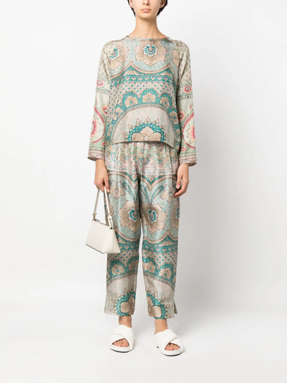 Graphic-Print Cropped Silk Trousers