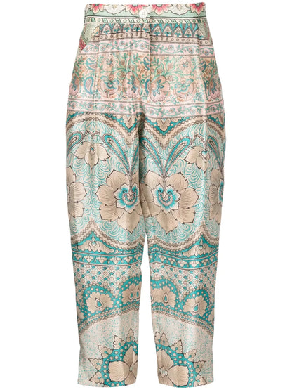 Graphic-Print Cropped Silk Trousers