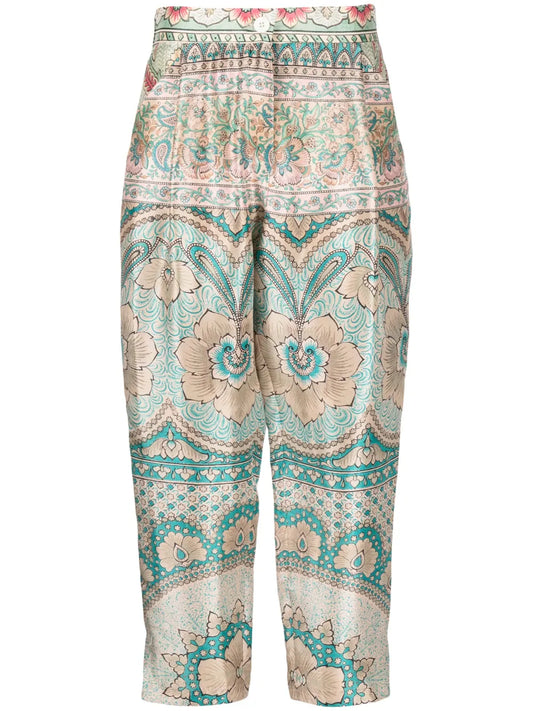 Graphic-Print Cropped Silk Trousers