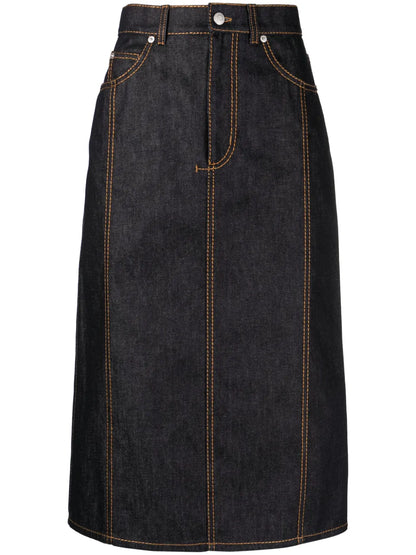 Contrast-Stitch Denim Midi Skirt