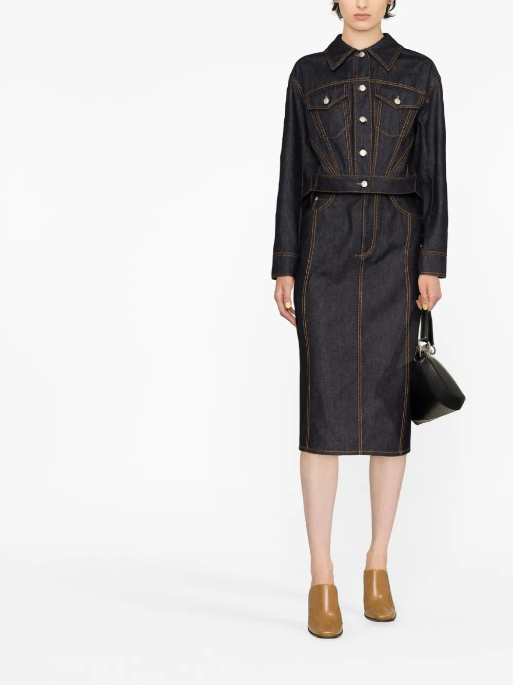 Contrast-Stitch Denim Midi Skirt