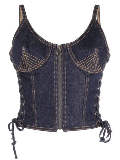 Contrast-Stitching Denim Corset Top