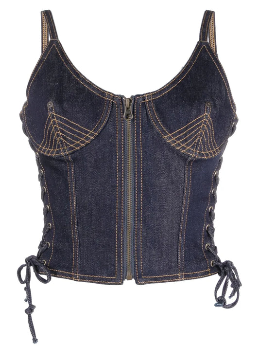 Contrast-Stitching Denim Corset Top