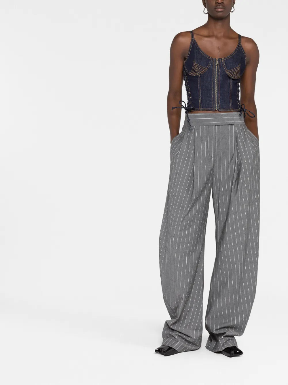 Contrast-Stitching Denim Corset Top