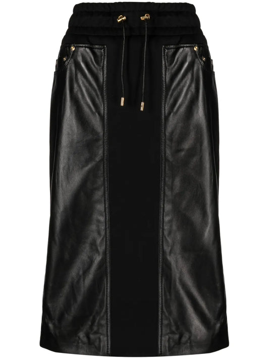 Panelled Leather And Cotton-Blend Jersey Midi Skirt