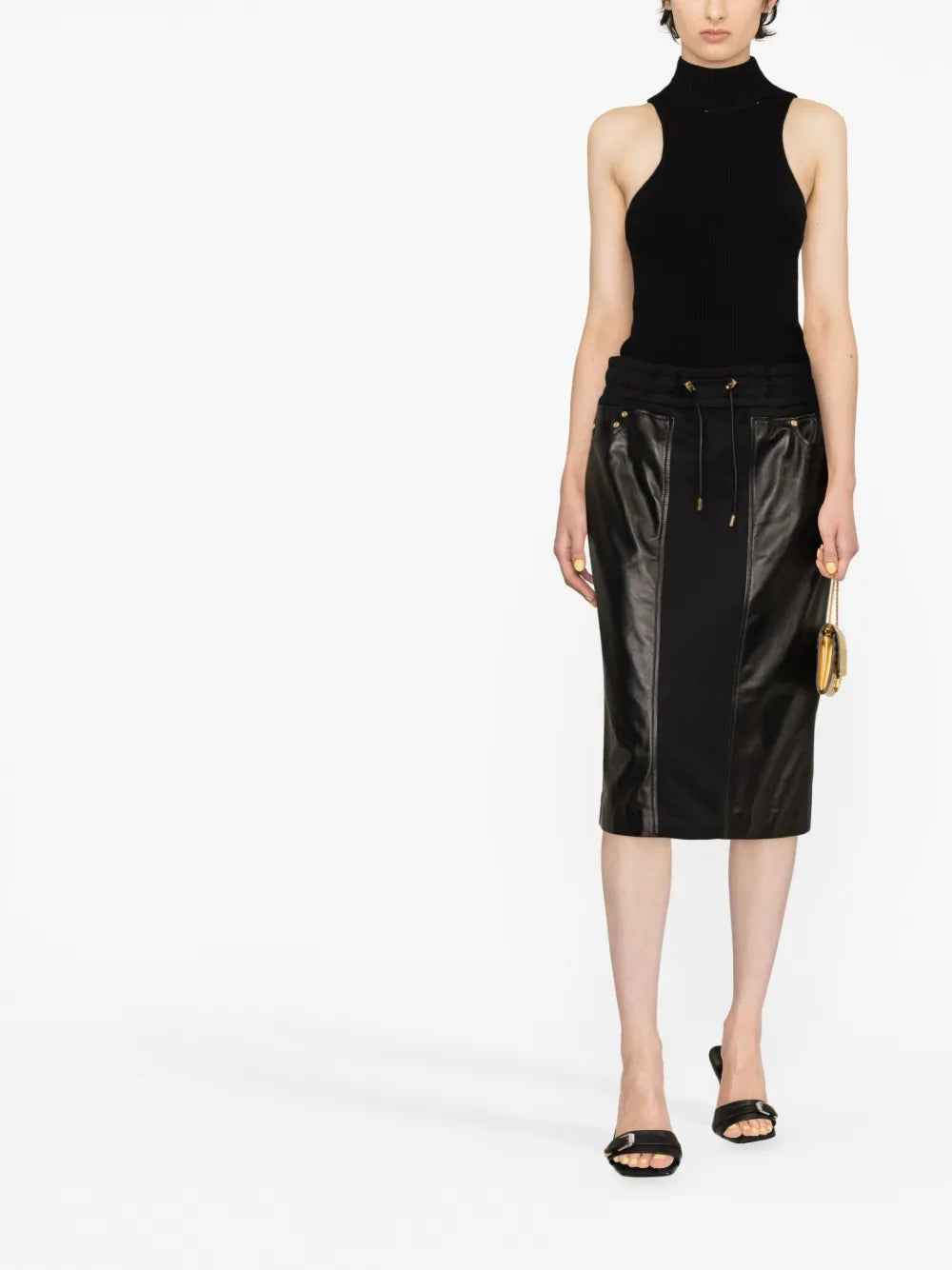 Panelled Leather And Cotton-Blend Jersey Midi Skirt