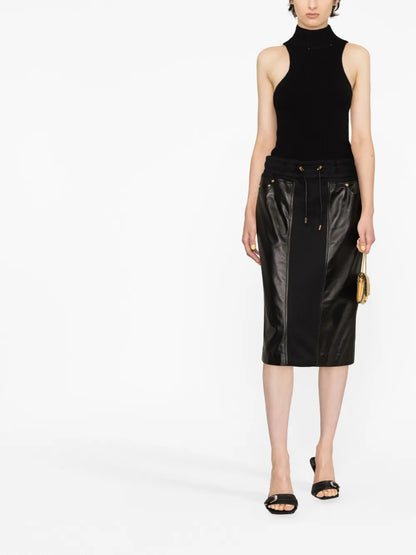 Panelled Leather And Cotton-Blend Jersey Midi Skirt