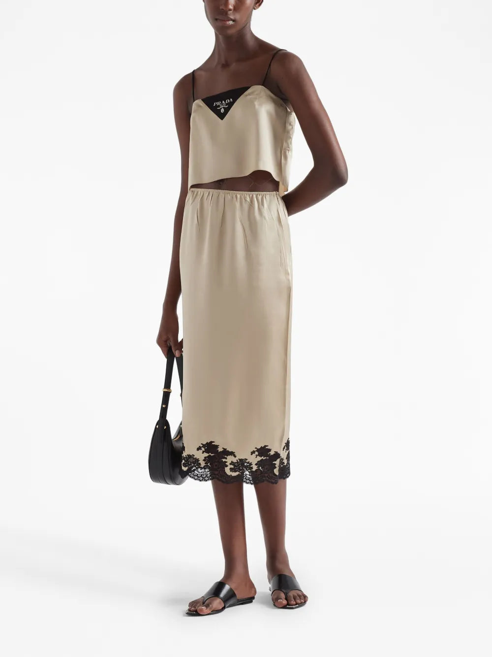 Lace-Trimmed Satin Midi Skirt
