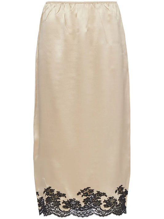Lace-Trimmed Satin Midi Skirt