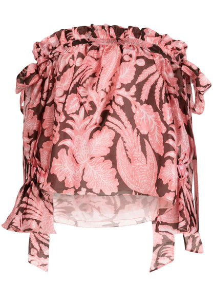 Ruffled Floral-Print Silk Blouse