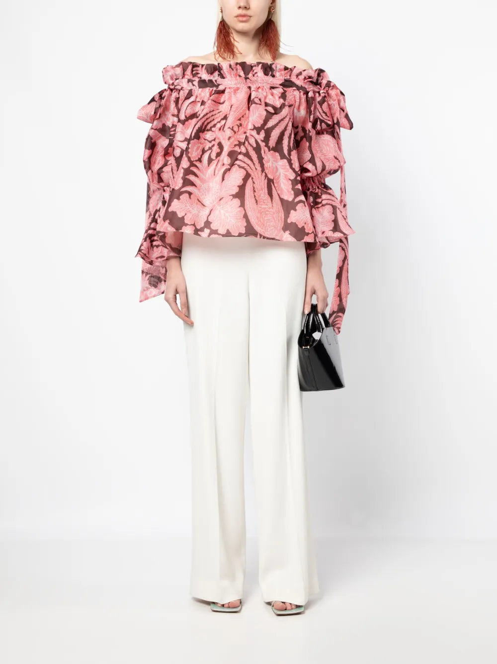 Ruffled Floral-Print Silk Blouse