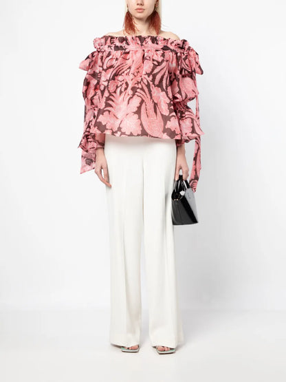 Ruffled Floral-Print Silk Blouse