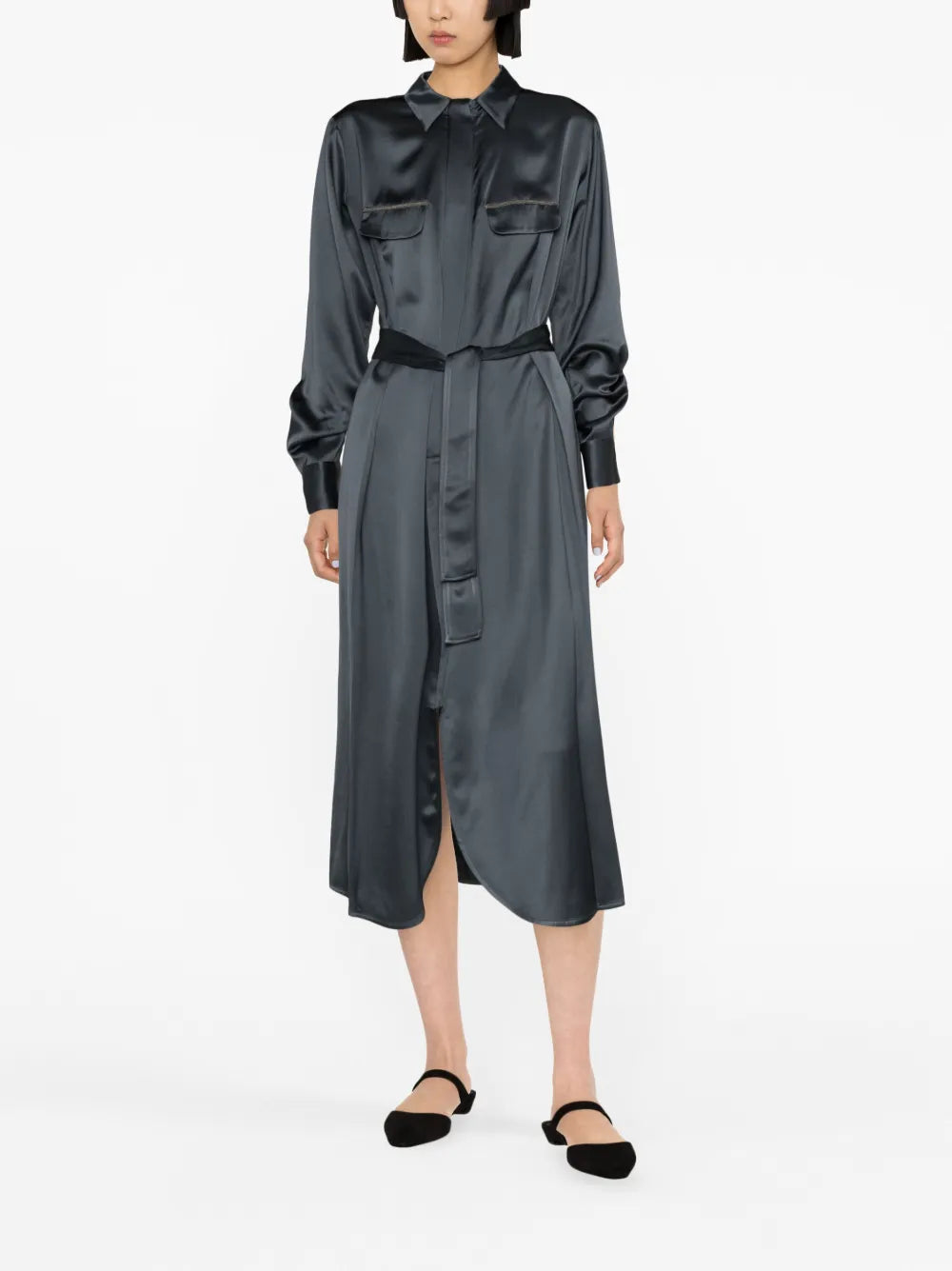 Satin Long-Sleeve Shirtdress