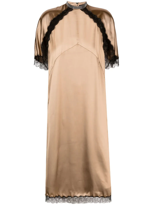 Lace-Trim Satin Midi Dress