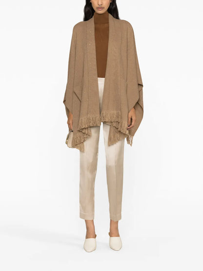 Fringed-Trim Open-Front Poncho