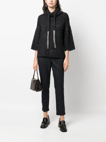 Drawstring-Neck Three Quarter-Sleeve Jumper