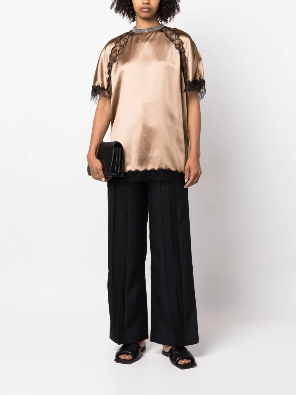 Lace-Trim Satin Blouse