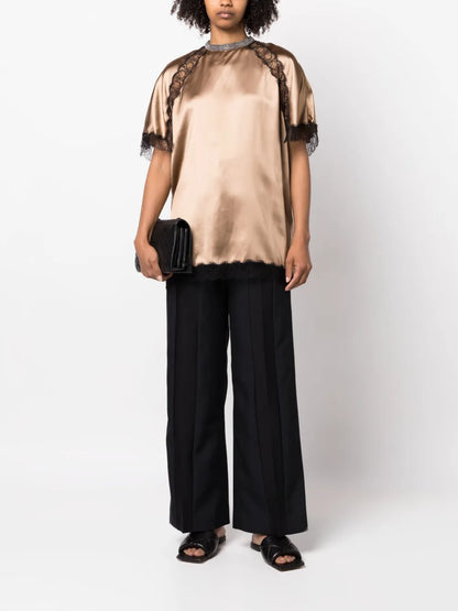 Lace-Trim Satin Blouse