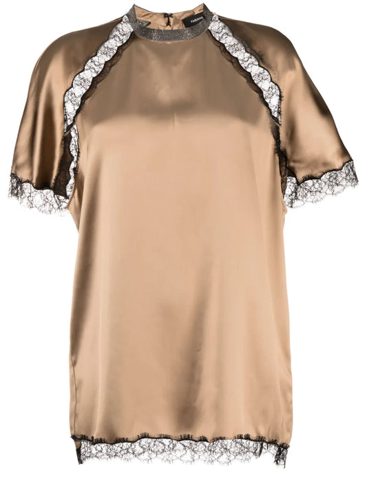 Lace-Trim Satin Blouse