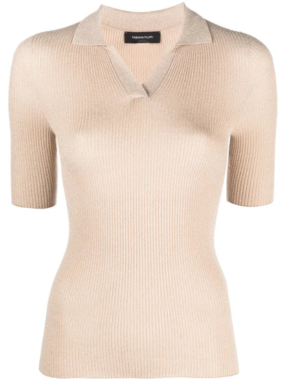 Ribbed-Knit Short-Sleeved Polo Shirt