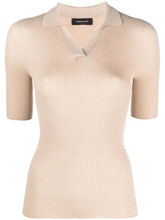 Ribbed-Knit Short-Sleeved Polo Shirt