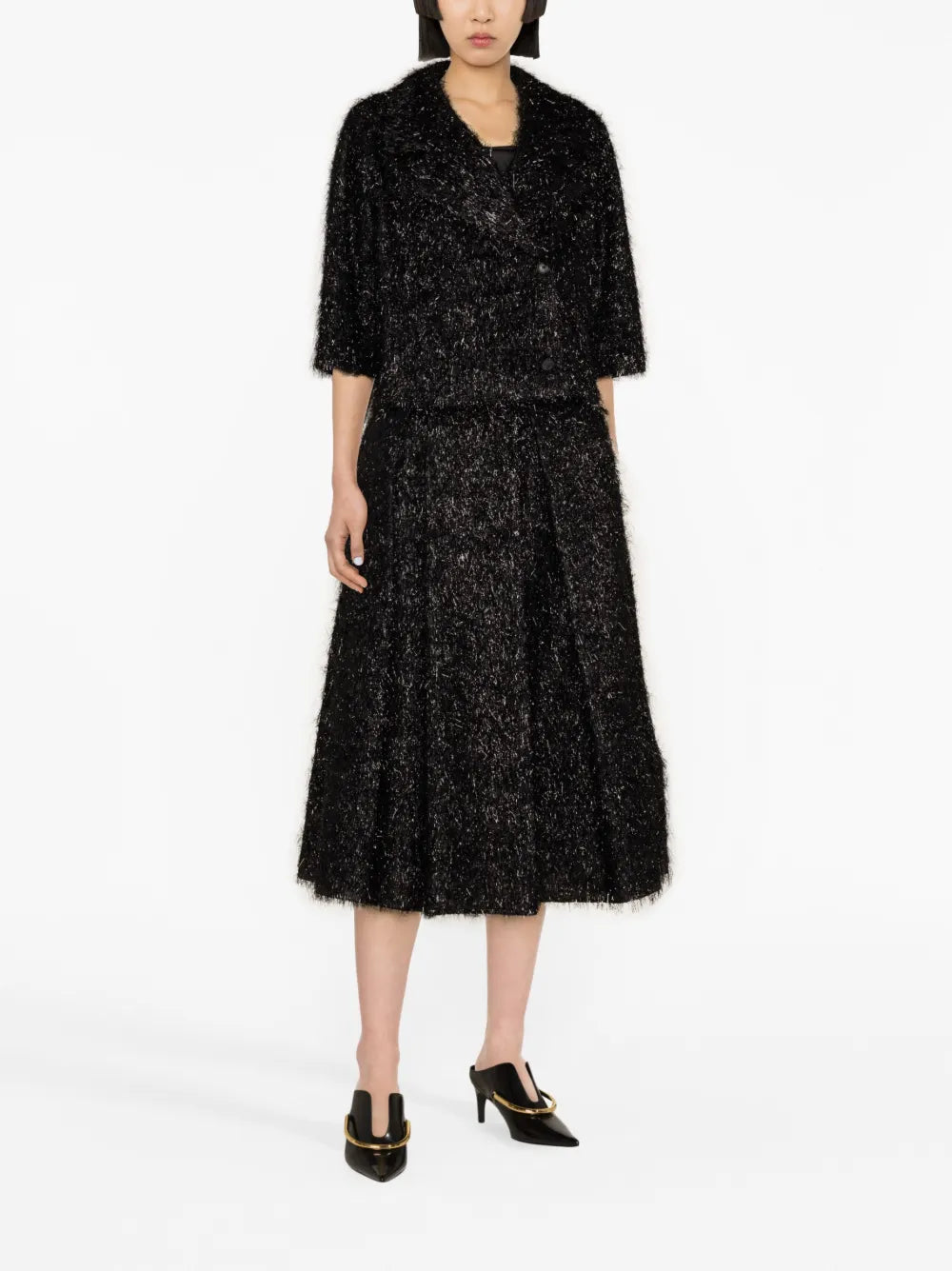 Metallic-Threading Fringed Midi Skirt