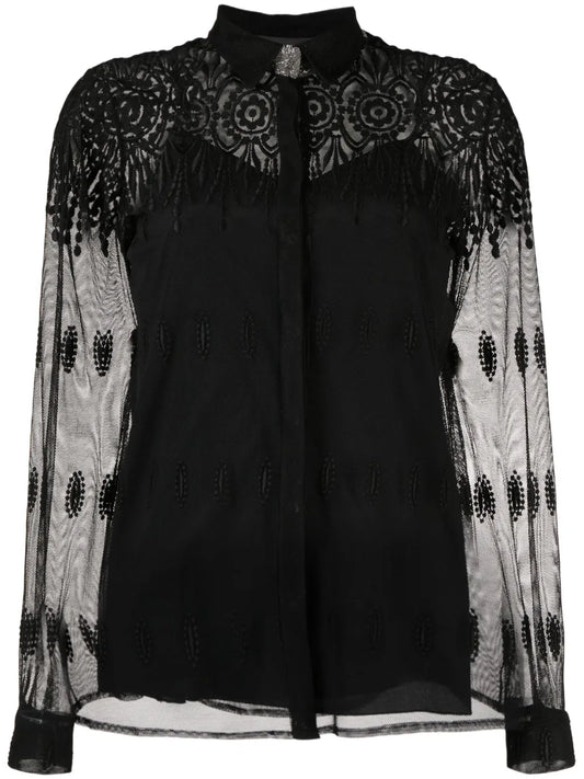 Lace-Detail Semi-Sheer Shirt
