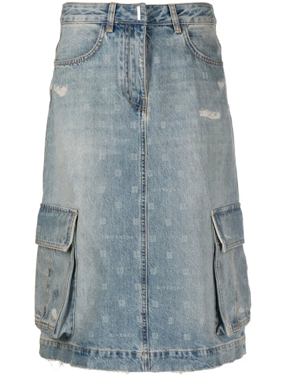 Monogram-Print Denim Cargo Skirt