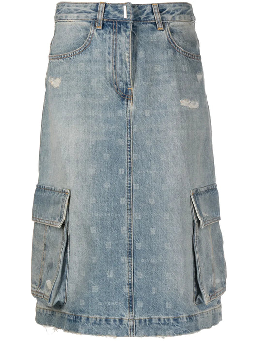 Monogram-Print Denim Cargo Skirt