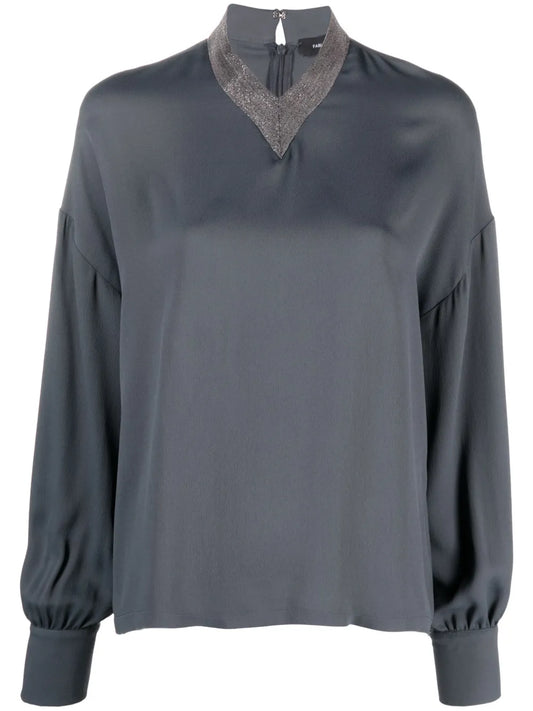 Bead-Embellished Long-Sleeve Blouse