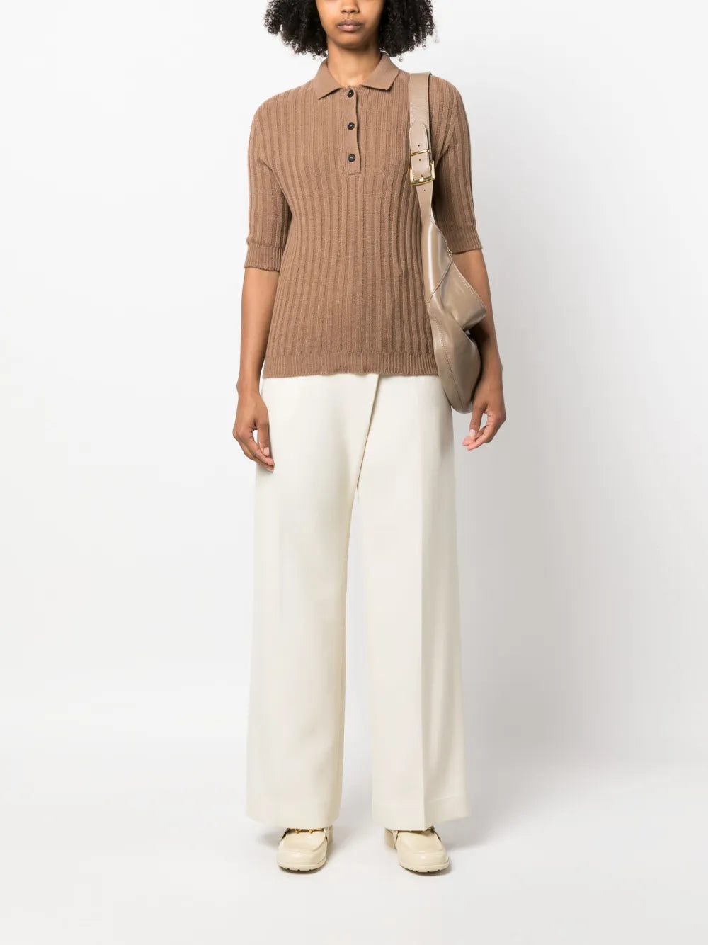 Ribbed-Knit Cashmere Polo Top