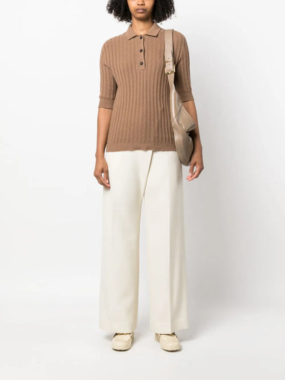 Ribbed-Knit Cashmere Polo Top