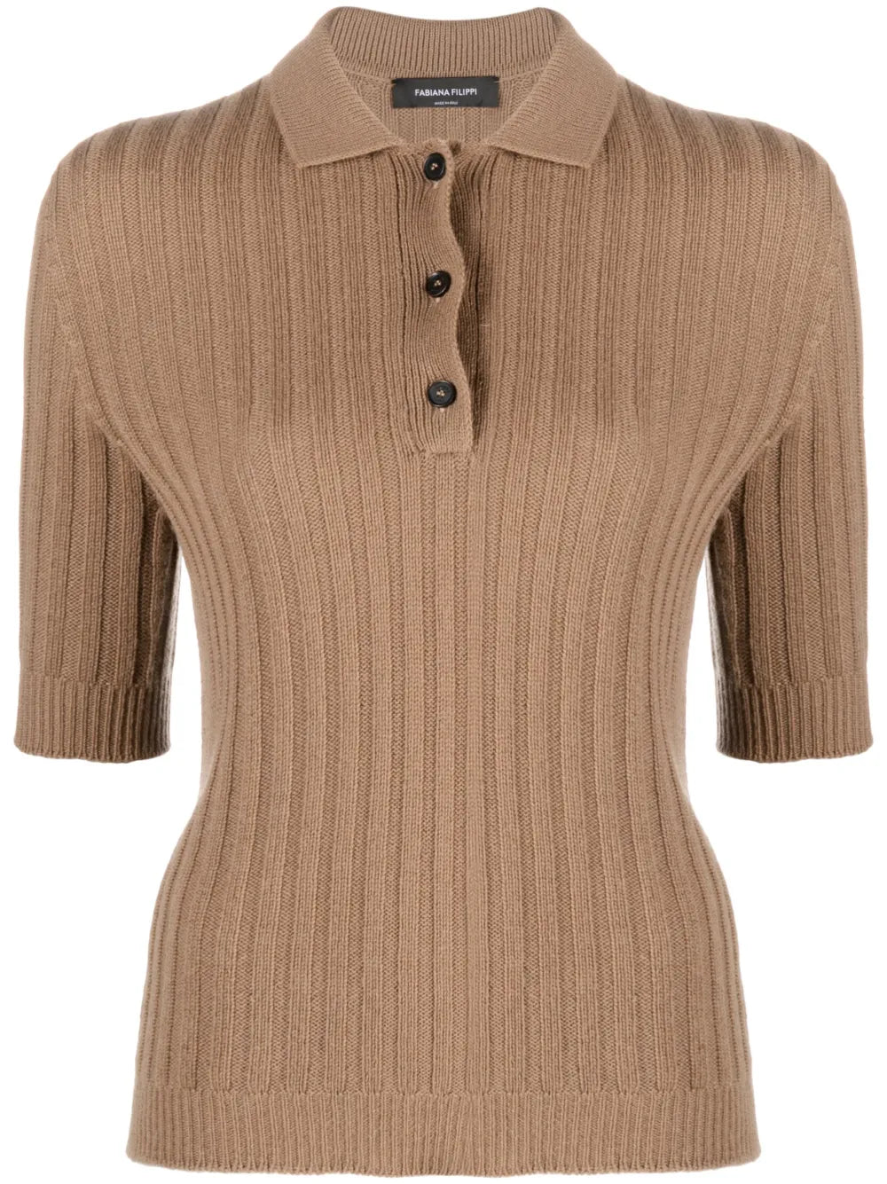 Ribbed-Knit Cashmere Polo Top