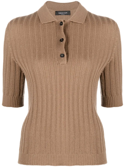 Ribbed-Knit Cashmere Polo Top