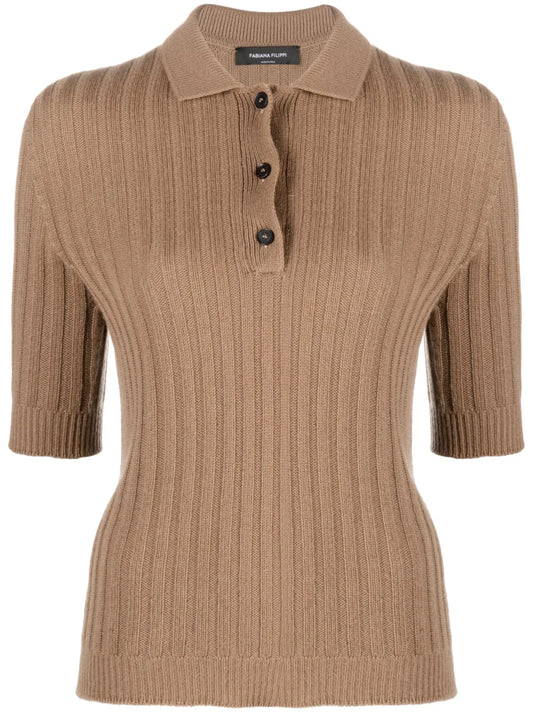 Ribbed-Knit Cashmere Polo Top