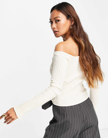 Off Shoulder Knitted Top With Button Detail