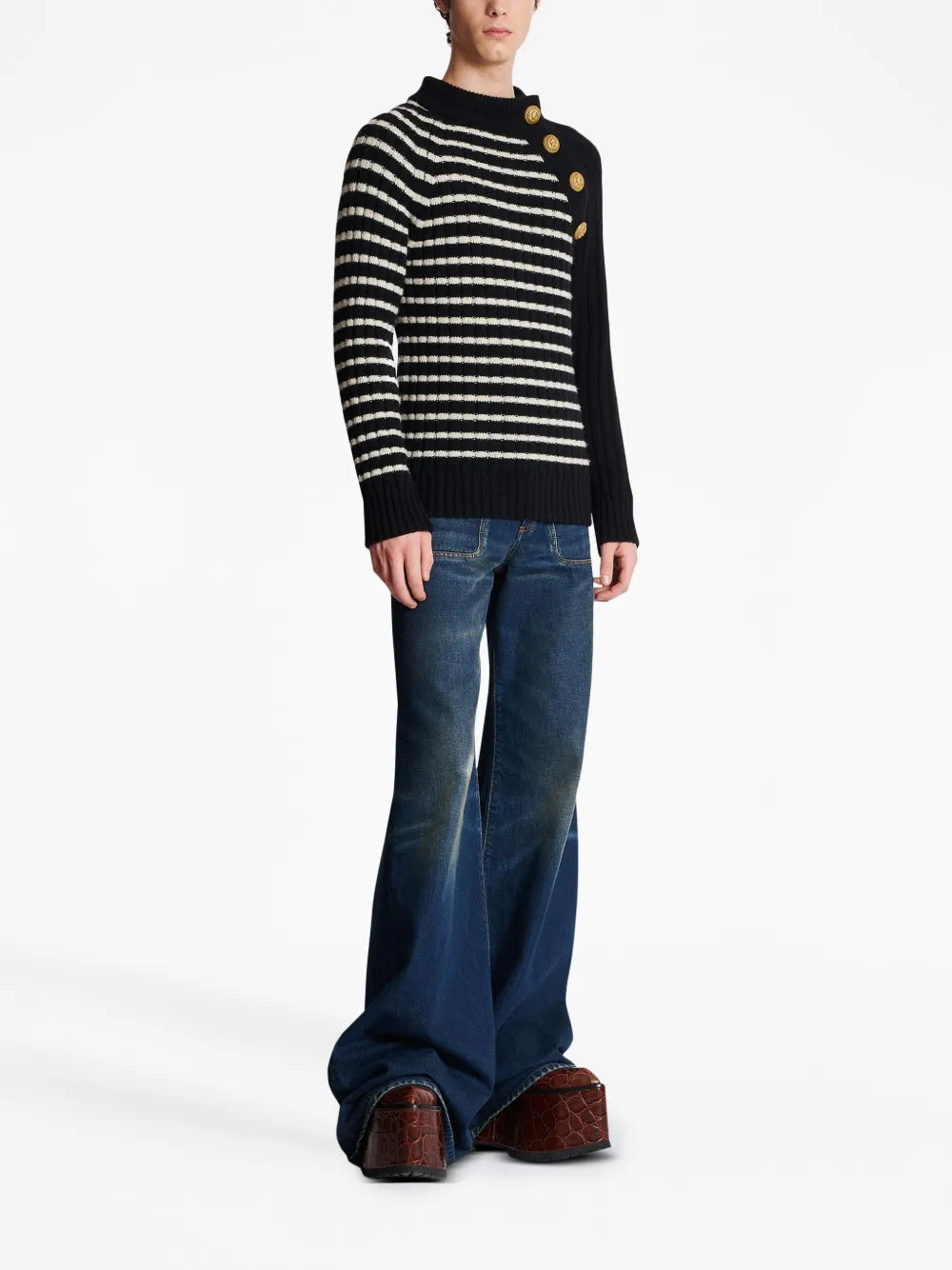 Embossed-Button Striped Jumper