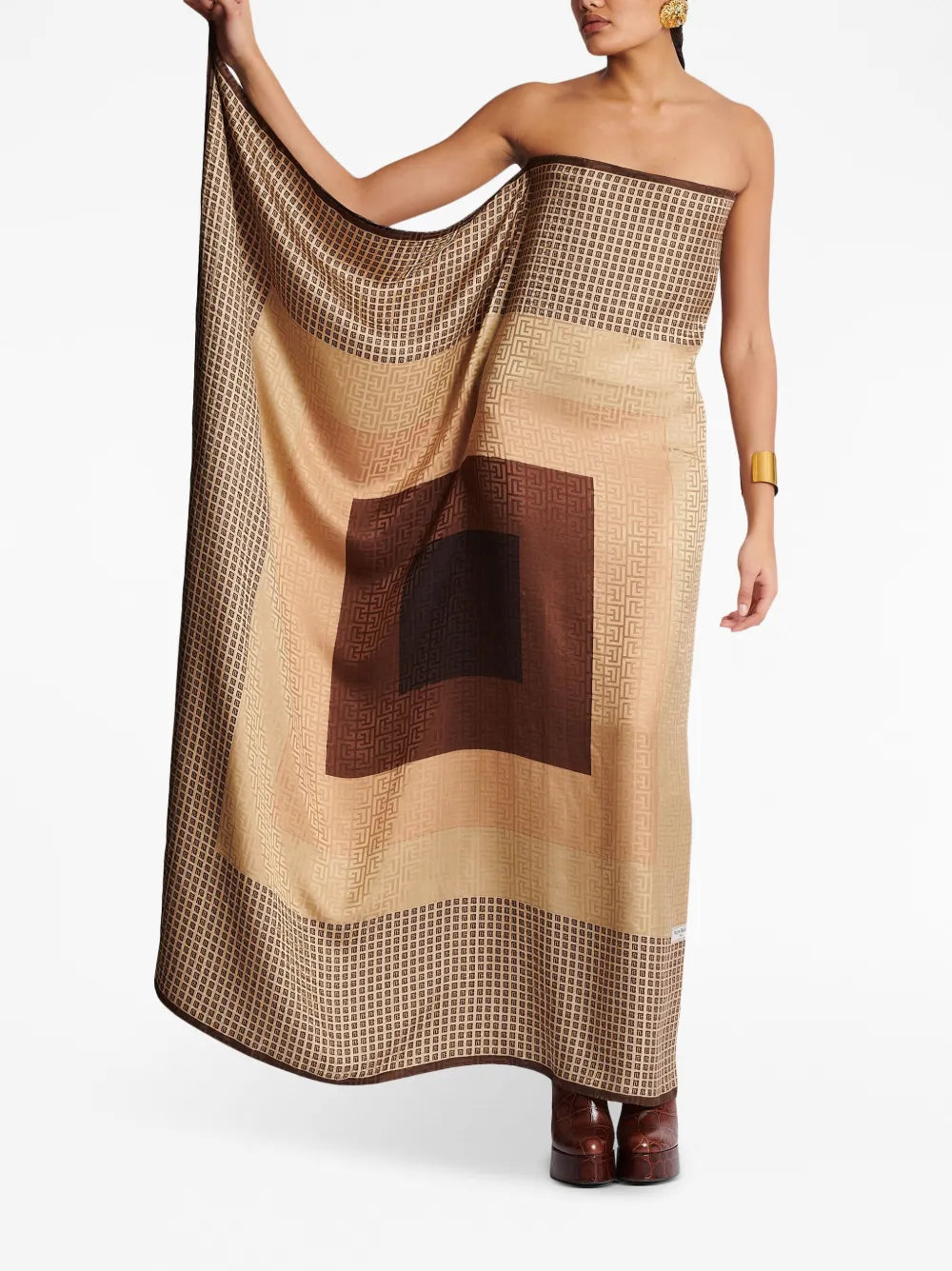 Monogram-Print Strapless Silk Maxi Dress