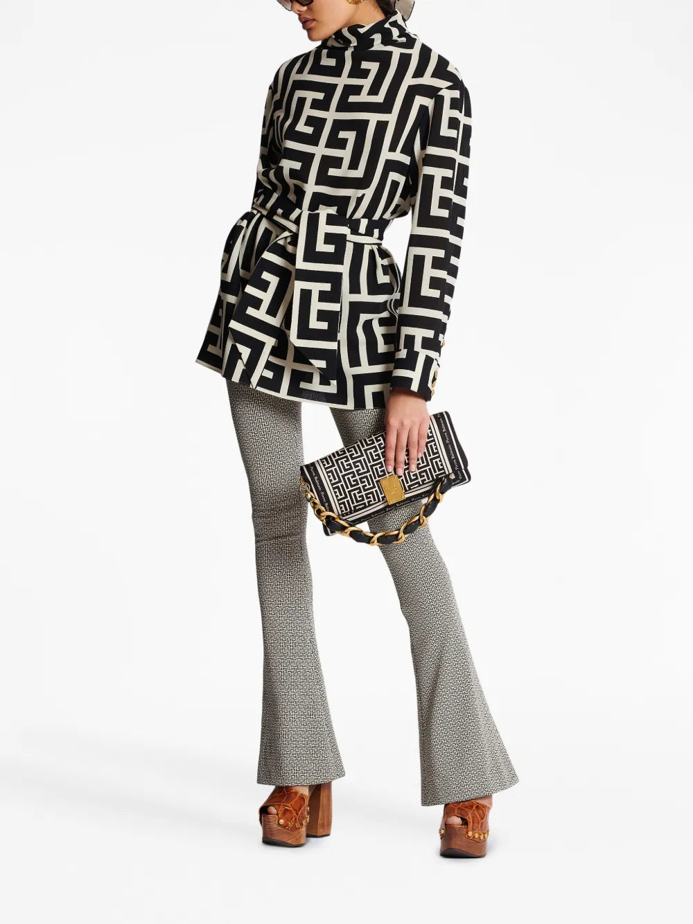 Monogram-Pattern Belted Blouse
