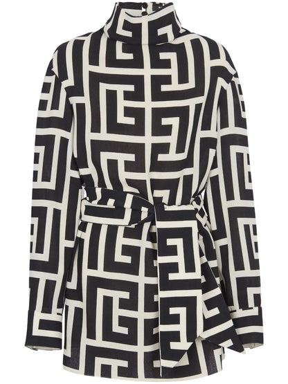 Monogram-Pattern Belted Blouse