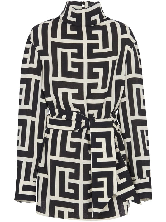 Monogram-Pattern Belted Blouse