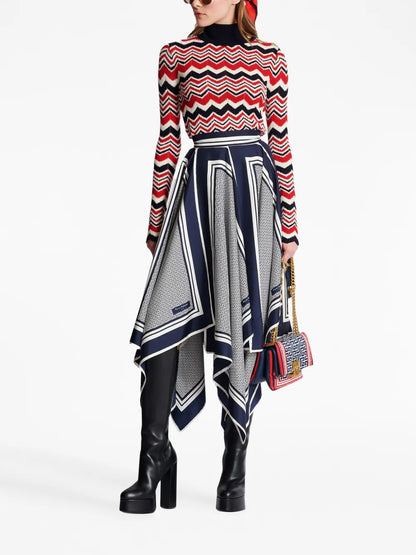 Monogram-Print Asymmetric Silk Skirt